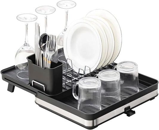 Sineng Expandable Dish Drying Rack,Stainless Steel Foldable Dish Rack with Cutlery Holder,Multifunctional Compact countertop Dish Drainer,Space Saving extendable Big Capacity Dish Holder