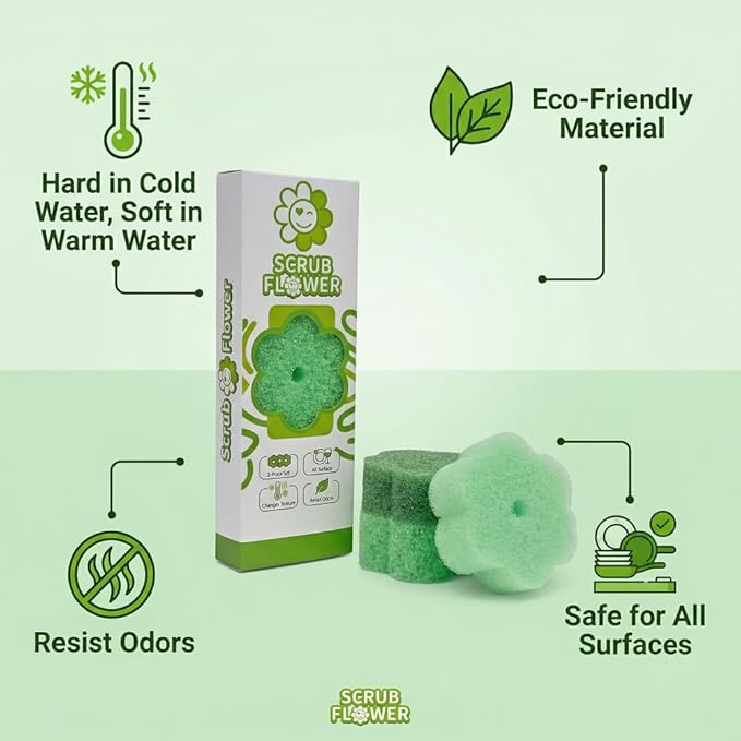 Scrub Flower Temperature Sensitive Sponges -Non-Scratch Scrubbers for Kitchen & Home - Firm in Cold & Soft in Warm Water - Odor Resistant Color-Coded Dish Sponges (Garden Mint, 3 Count)