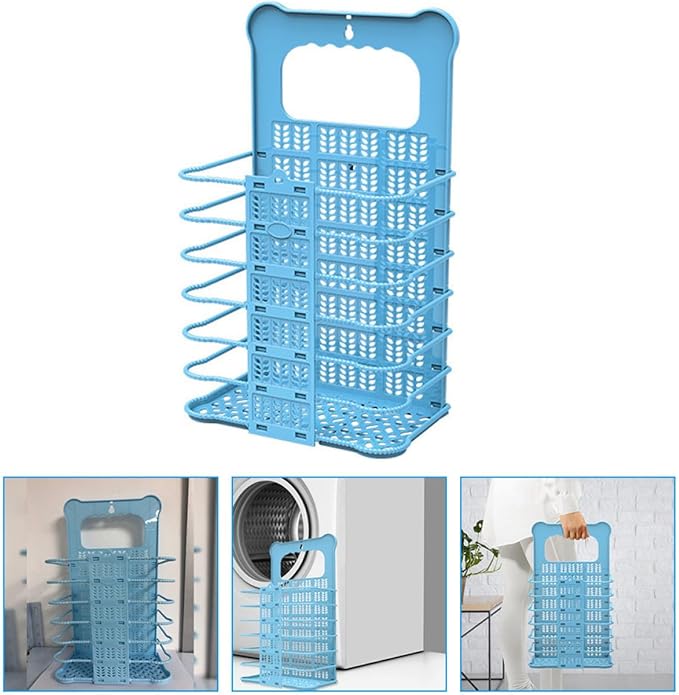 Folding Laundry Hamper Small Blue Plastic Wall Hanging Dirty Clothes Basket Collapsible Storage Organizer for Laundry Room and Bedroom