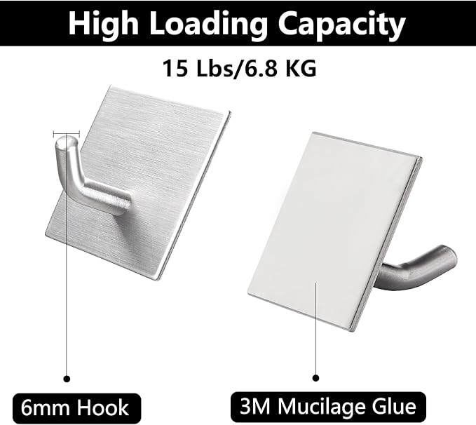 FOMANSH Heavy Duty Adhesive Hooks, Stick on Wall Adhesive Hangers, Strong Stainless Steel Holder, Self Adhesive Hooks for Kitchen Bathroom Home Door Towel Coat Key Robe 6 Packs Silver