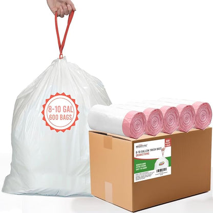 BEIDOU-PAC 8-10 Gallon Trash Bags Drawstring, 600 Count, White & Unscented Garbage Bags Multi-purpose for Business Home Bathroom Kitchen Commercial and Industrial