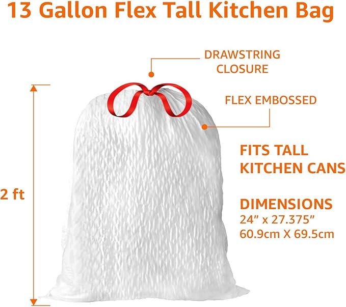 Amazon Basics Ultra-Force Tall Kitchen Drawstring Trash Bags, Classic Clean Scented, 13 Gallon, 80 Count with Odor Control