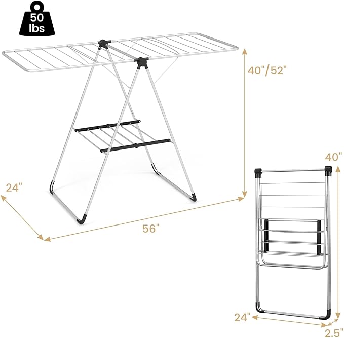 Tangkula Collapsible Clothes Drying Rack, 2-Level Folding Aluminum Drying Rack w/Height-Adjustable Wings, Bottom Shoe Rack, Space-Saving Laundry Drying Rack for Indoor & Outdoor Use, Silver