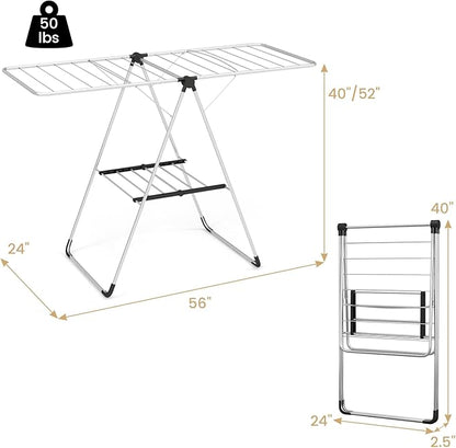 Tangkula Collapsible Clothes Drying Rack, 2-Level Folding Aluminum Drying Rack w/Height-Adjustable Wings, Bottom Shoe Rack, Space-Saving Laundry Drying Rack for Indoor & Outdoor Use, Silver