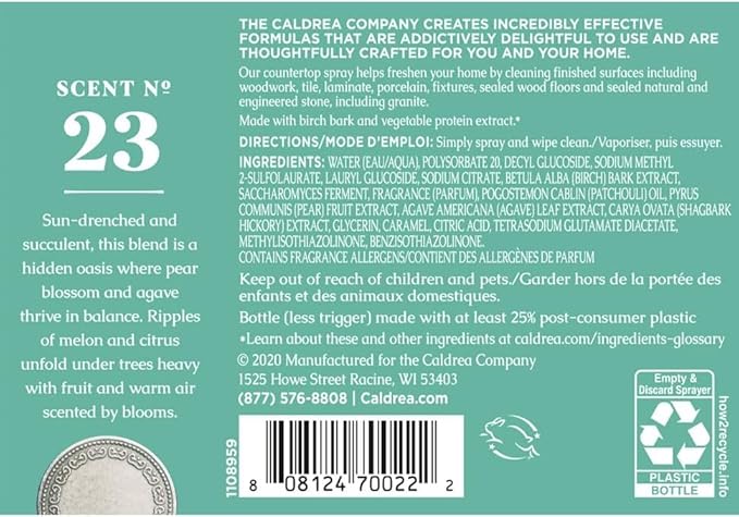 Caldrea Multi-surface CounterTop Spray Cleaner, Made With Vegetable Protein Extract, Pear Blossom Agave Scent, 16 Oz