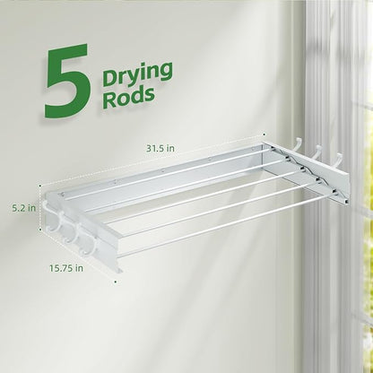 BAKON Wall-Mount-Clothes-Drying-Rack for Bathroom, Foldable-Drying-Rack-Clothing for Small Space, 31.5'' Laundry-Dry-Rack-Collapsible with 6 Hooks and 5 Poles for Living Room, Bedroom, White