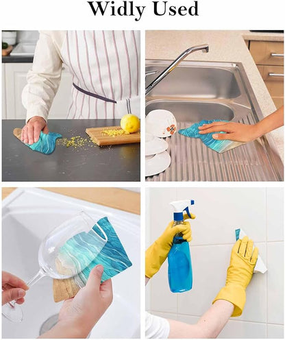 6 Pack Abstract Turquoise Kitchen Dish Cloths, Ocean Beach Waves Lines Gradient Dishcloths for Kitchen, Reusable Paper Towels, Super Absorbent Quick Drying Washcloths Cleaning Wipes, 6x5 inch