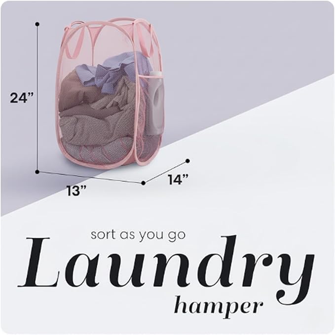 Handy Laundry Collapsible Mesh Pop Up Laundry Hamper, Breathable & Foldable Basket with Side Pocket, Space-Saving, Durable Handles, Wide Opening for Clothes, Toys & Storage, 14 x 13 x 24 in, Pink
