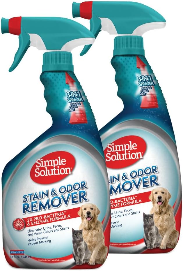 Simple Solution Stain and Odor Eliminator Spray, Enzyme Carpet Cleaner for Dogs and Cats, Pet Stain Remover and Urine Odor Eliminator, Multi Surface Pet Cleaning Solution, 32 oz (Pack of 2)