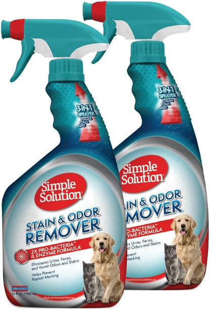 Simple Solution Stain and Odor Eliminator Spray, Enzyme Carpet Cleaner for Dogs and Cats, Pet Stain Remover and Urine Odor Eliminator, Multi Surface Pet Cleaning Solution, 32 oz (Pack of 2)
