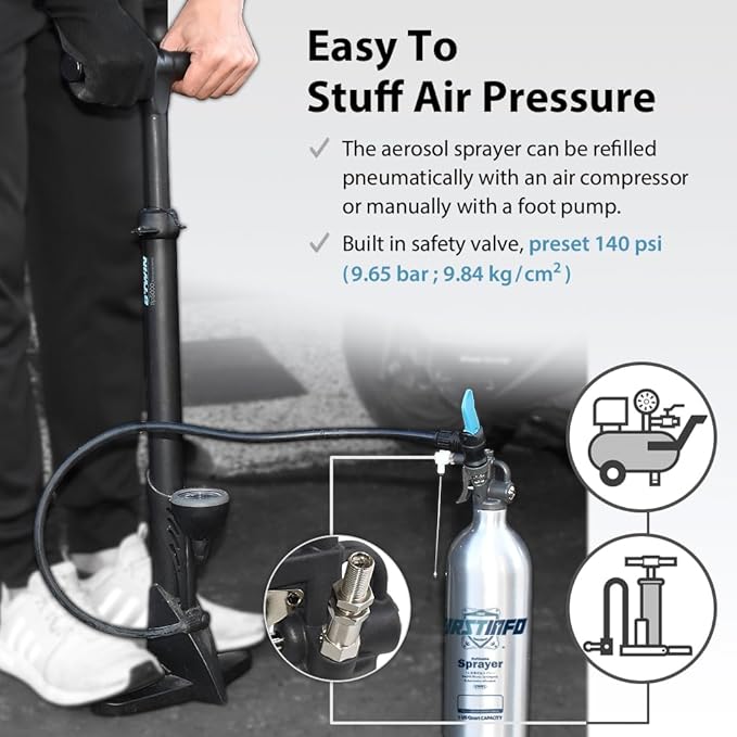 FIRSTINFO A1638L (3rd Gen) Patented Max. Pressure 140psi / 1000ml Thickened Aluminum Canister Refillable Aerosol Spray Can | Pneumatic Compressed Air Sprayer | Wide Mist Spray