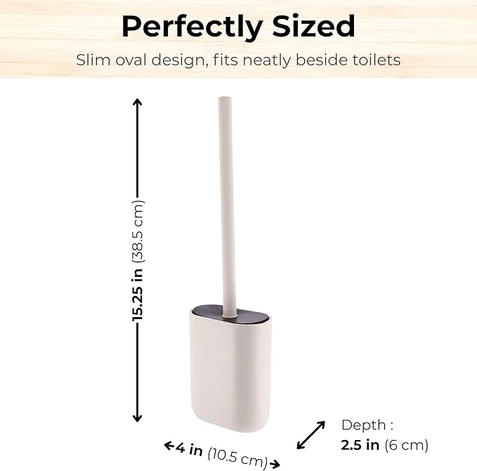 Oval Beige Toilet Brush and Holder Set - Minimalist Polyresin Base, Stainless Steel Handle, Silicone Head - Japandi Collection