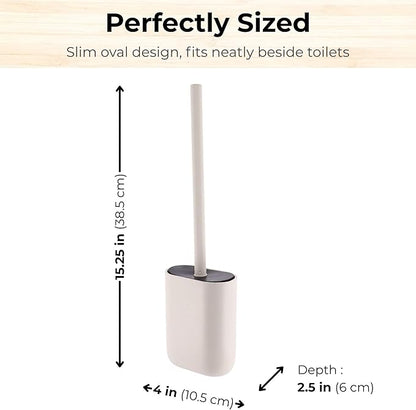 Oval Beige Toilet Brush and Holder Set - Minimalist Polyresin Base, Stainless Steel Handle, Silicone Head - Japandi Collection