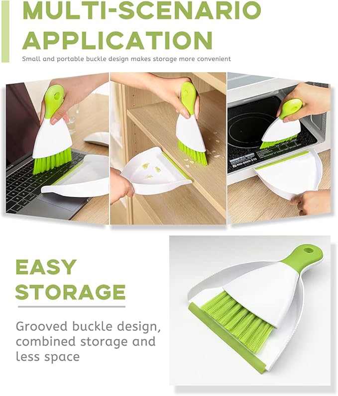 Small Hand Dust Pan and Brush - Small Broom and Dustpan Set, Mini Broom and Dustpan, Compact Dustpans and Brush for Home Cleaning, Sofa, Desk, Guinea Pig Cage, Cat Litter, etc. (Green 2 Set)
