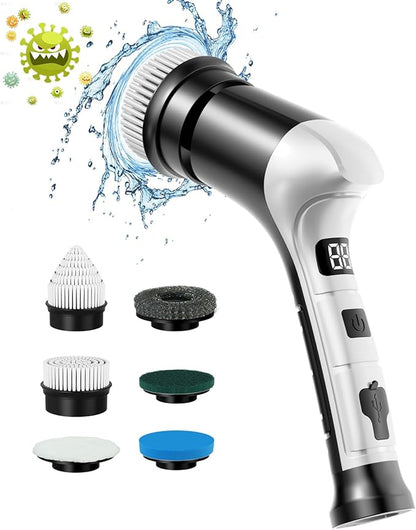Electric Spin Scrubber, Cordless Household Cleaning Brush with 6 Replaceable Heads, 3 Speeds, LED Display, Lightweight Handheld Power Scrubber for Cleaning Stove/Bowl/Sink/Corner/Tile/Grout-Black