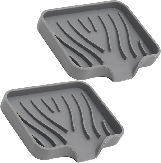 Soap Dish with Drainage, Gray Silicone Soap Holder for Bathroom Sink, 2 Pack