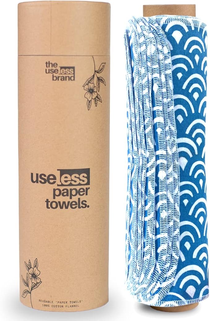 The Useless Brand Reusable Paper Towels Roll | 12 Eco Friendly Washable Cotton Flannel Towels w/Cardboard Roll | Zero Waste & Sustainable | Fits on Most Holders (Waves, 12 Pack)