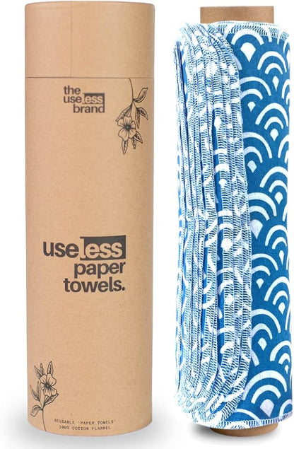 The Useless Brand Reusable Paper Towels Roll | 12 Eco Friendly Washable Cotton Flannel Towels w/Cardboard Roll | Zero Waste & Sustainable | Fits on Most Holders (Waves, 12 Pack)