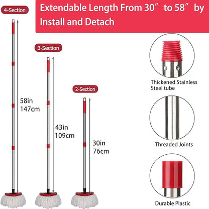 Spin Mop Replacement Set - 4 Microfiber Heads, Base, 30-58'' Handle Compatible with OCedar EasyWring - White (1 Can System)