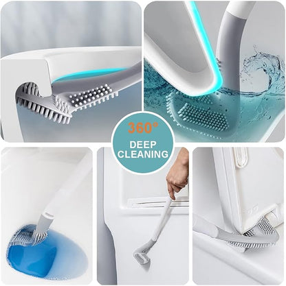 Toilet Brush, Long Handle Golf Toilet Brush with Holder 360° Deep Cleaning Flexible Silicone Toilet Cleaner Brush Wall Mounted for Bathroom (Grey)