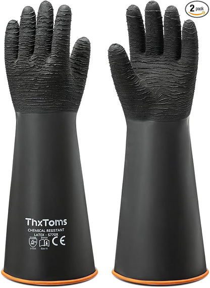 ThxToms Heavy Duty Rubber Gloves, Industrial Chemical Resistant Gloves Waterproof Reusable Protective Work Gloves for Cleaning, Dishwashing,Upgraded with Non-Slip Design, Black, 18" 1 Pair