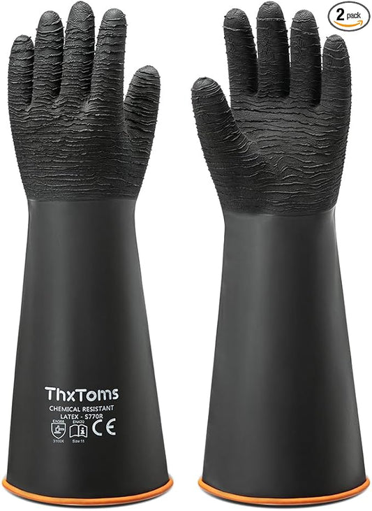 ThxToms Heavy Duty Rubber Gloves, Industrial Chemical Resistant Gloves Waterproof Reusable Protective Work Gloves for Cleaning, Dishwashing,Upgraded with Non-Slip Design, Black, 18" 1 Pair
