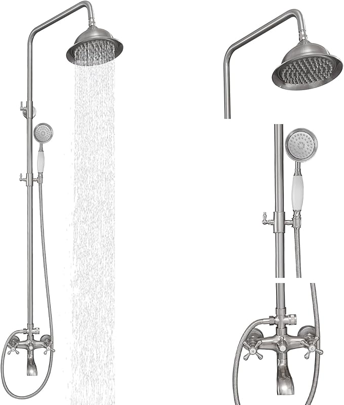 BWE Brushed Nickel Shower Faucet Set 8-Inch Rain Shower Head Handheld Sprayer and Rotatable Tub Spout Triple Function Wall Mount Shower Fixture Combo System Stainless Steel