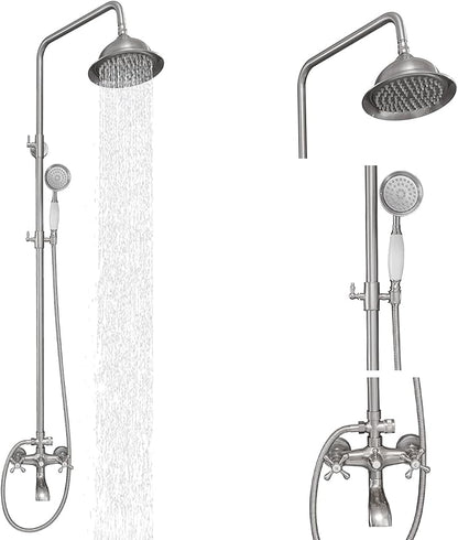 BWE Brushed Nickel Shower Faucet Set 8-Inch Rain Shower Head Handheld Sprayer and Rotatable Tub Spout Triple Function Wall Mount Shower Fixture Combo System Stainless Steel