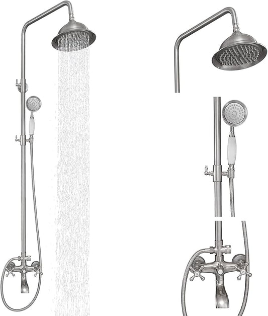 BWE Brushed Nickel Shower Faucet Set 8-Inch Rain Shower Head Handheld Sprayer and Rotatable Tub Spout Triple Function Wall Mount Shower Fixture Combo System Stainless Steel
