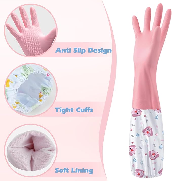 3 Pairs Dishwashing Cleaning Gloves, SHAIDOJIO Waterproof Reusable Kitchen Long Rubber Gloves, Non-Slip Latex-Free Household Gloves With Cotton Lined for Laundry Cleaning Working Gardening Cooking