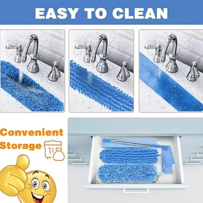 Microfiber Duster, 8PCS Feather Duster with 100 Inch Telescoping Extension Pole, Reusable Bendable Dusters, Washable Lightweight Dusters for High Ceiling, Fan, Blinds, Window, Corners, Blue