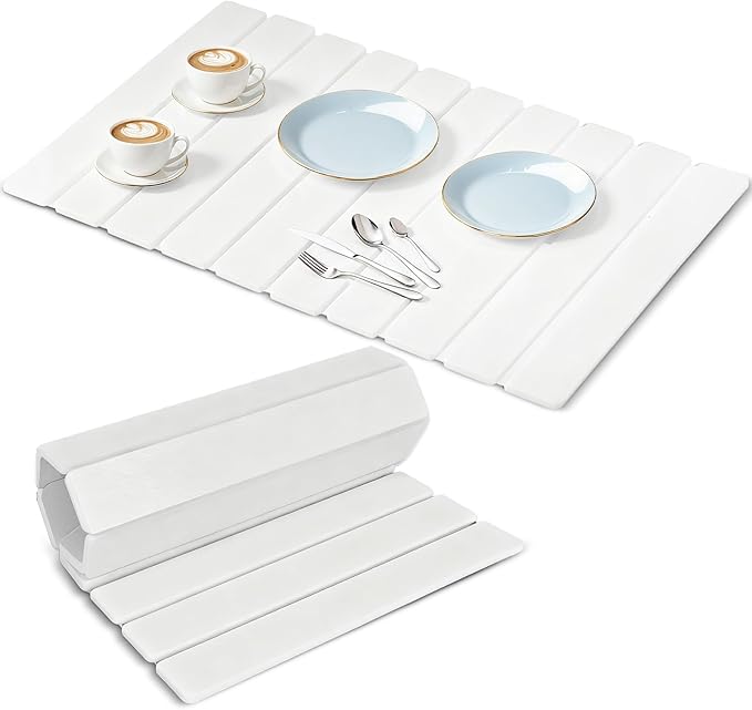 Large Stone Dish Drying Mat for Kitchen Counter, Premium Diatomaceous Earth Coaster Set for Dishes with Free Drainer Rack| Non-Slip Kitchen Sink Mat | Fast-Absorbing, Eco-Friendly (24x16 Inch, White)