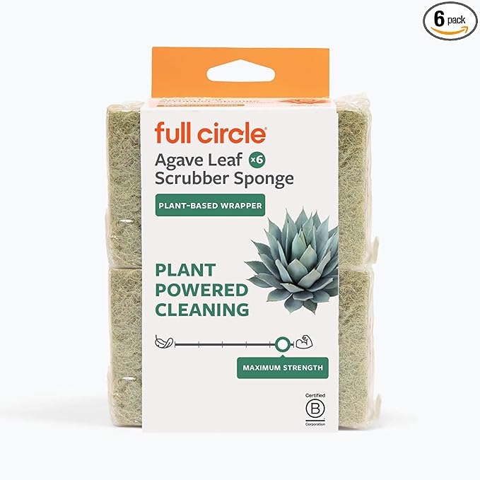 Full Circle Heavy Duty Scrubber Sponge – Robust Agave Leaf & Plastic-Free Cellulose – Dual-Sided Dish Sponge for Cast Iron, Grill Grates & Oven Racks, 6 Pack