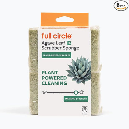 Full Circle Heavy Duty Scrubber Sponge – Robust Agave Leaf & Plastic-Free Cellulose – Dual-Sided Dish Sponge for Cast Iron, Grill Grates & Oven Racks, 6 Pack