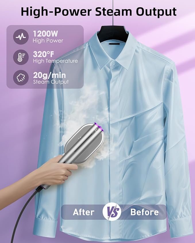 ELORTI Travel Steamer for Clothes, Handheld & Portable 2-in-1 Design, 10s Rapid Heat, 1200W Rotating Head, Compact Size 110–120V for Travel, Home (Pruple)