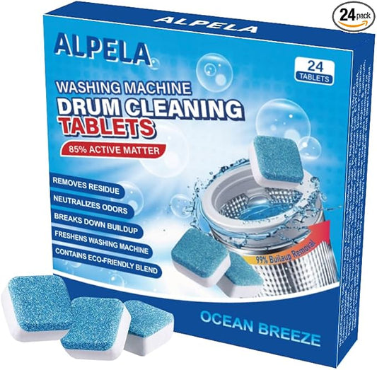 Ocean Breeze Washer Cleaner Tablets 24 Count – Septic Safe Washing Machine Cleaner & Odor Eliminator – Deep Cleaning Descaler for HE Front & Top Load Washers – Laundry Tub & Drum Cleaner