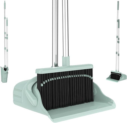 Pet Hair Broom and Dustpan Set, Self Cleaning Teeth No Hair Tangling, Heavy Duty 4 Layer Bristles, Long Handle Upright Sweep Set, Rubber Lip No Dust Left Behind for Home Floor Cleaning(Green)