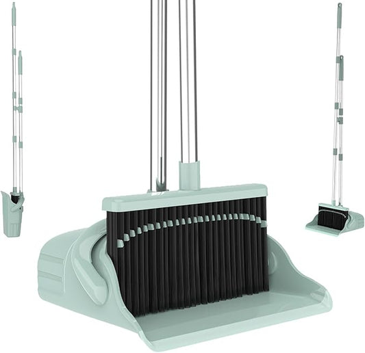 Pet Hair Broom and Dustpan Set, Self Cleaning Teeth No Hair Tangling, Heavy Duty 4 Layer Bristles, Long Handle Upright Sweep Set, Rubber Lip No Dust Left Behind for Home Floor Cleaning(Green)