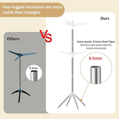 SUYU Clothes Drying Rack,Folding Clothes Drying Tree, 2 Layer with 6 Rotatable Arms,72-Inch Indoor Clothes Rack,Stainless Steel,4 Legs,White and Silver SNJ202