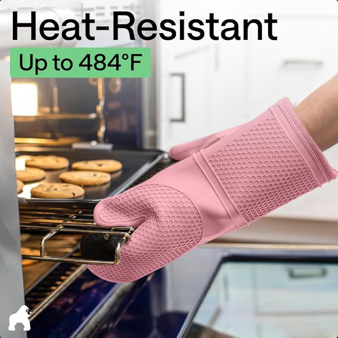 GORILLA GRIP BPA-Free Soft Silicone Oven Mitts, 14.5x8.3, Heat Resistant and Waterproof Cooking Gloves, Thick Cotton Lining, Flexible Gripping for Baking Grilling, Kitchen Potholders Set of 2, Pink