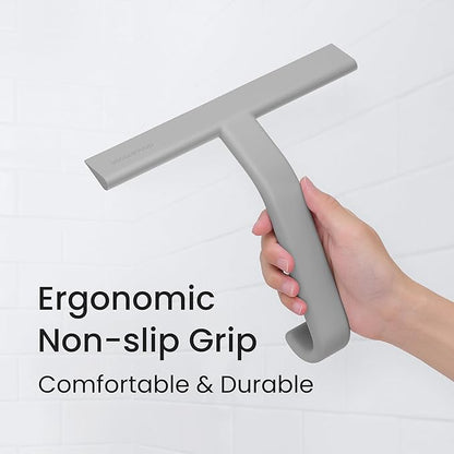 dancemoon JustHang Shower Squeegee for Glass Doors, All-in-One Award-Winning Silicone Squeegee with Built-in Hook for Bathroom, Window, Mirror, Tile Wall, Car, Streak-Free Cleaner Tool, 10-Inch Gray