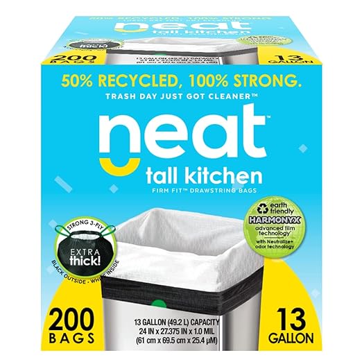 Neat Tall Kitchen 13 Gallon Drawstring Trash Bags - (MEGA 200 Count) - Triple Ply Fortified, Eco-Friendly 50% Recycled Material, Neutralize+ Odor Technology, Reversible Black and White Garbage Bags