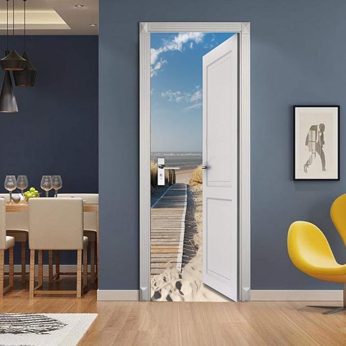 3D Door Stickers Murals Peel and Stick - Outer Beach Road Wallpaper Self-Adhesive Decals Removable PVC Waterproof Poster for Bedroom Living Room Decoration 35.4" x 78.7"