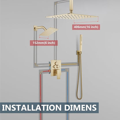 Aolemi Shower Faucet Set Ceiling Mount Shower System Rough-in Valve and Shower Trim Kit 2 in 1 Handheld Spray Push Button Diverter 16 and 6 Inch Dual Shower Head Brushed Gold