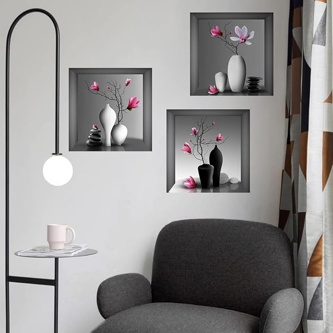 3D Wall Stickers DIY Flower Wall Decal Removable Waterproof Wall Art Decor for Bedroom Living Room Offices Home Decoration (Vase Orchid)