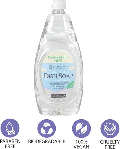 Ginger Lily Farms Botanicals Plant-Based Liquid Dish Soap, Concentrated Formula with Max Grease Cleaning Power, Cruelty-Free, Fragrance-Free, 24 Fl Oz