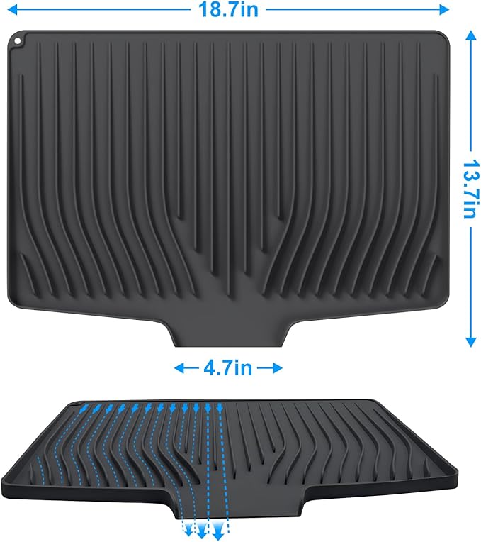 Silicone Dish Drying Mat for Kitchen Countertops and Sinks,19 x13.7 Inch Non Slip Heat Resistant Mat with Built In Drainage System,For Refrigerator and Drawer Liners (black, 19 x13.7 Inch)