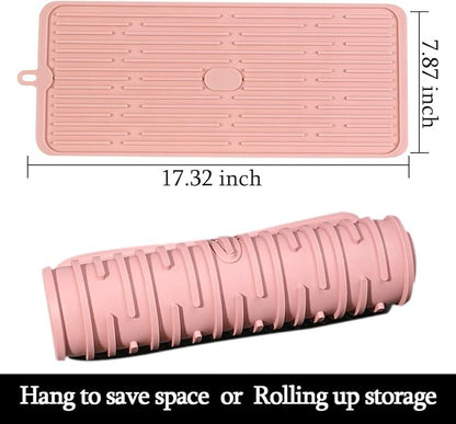 Dish Drying Mat,Large Silicone Drying Mat,Silicone Kitchen Countertop Drying Mat for Pots, Pans, Glassware, Silverware (Pink)