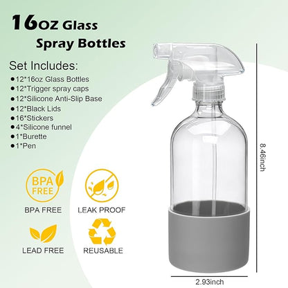 Maredash 16oz Glass Spray Bottles,Empty Reusable Spray Bottles,Glass Spray Bottles for Cleaning,Refillable Containers with Spray Nozzles for Cleaning,Window Cleaner,Hair Care,Flowers12 Pack