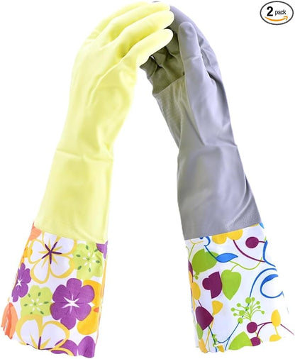 Household Gloves Latex Free Cleaning Grey and Yellow Gloves with Soft Lining Long Cuff 15" & Grip (2 Pair), Large